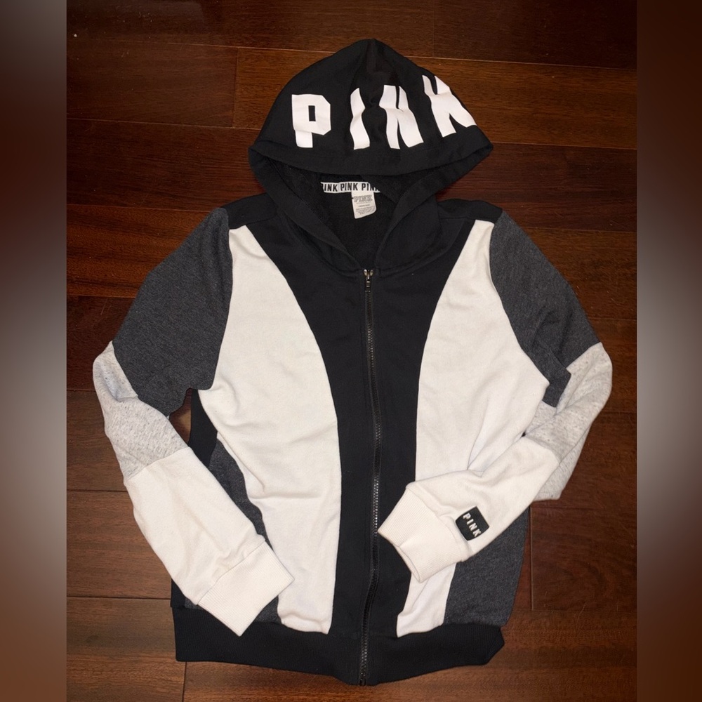 PINK Victoria's Secret Black, White & Gray Colorblock Zip Hoodie